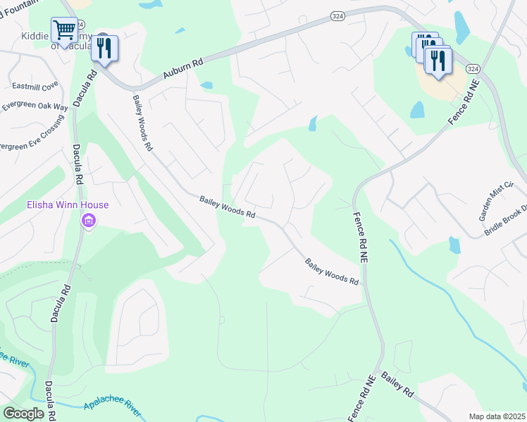 map of restaurants, bars, coffee shops, grocery stores, and more near 3127 Overlook Hill Pass in Dacula