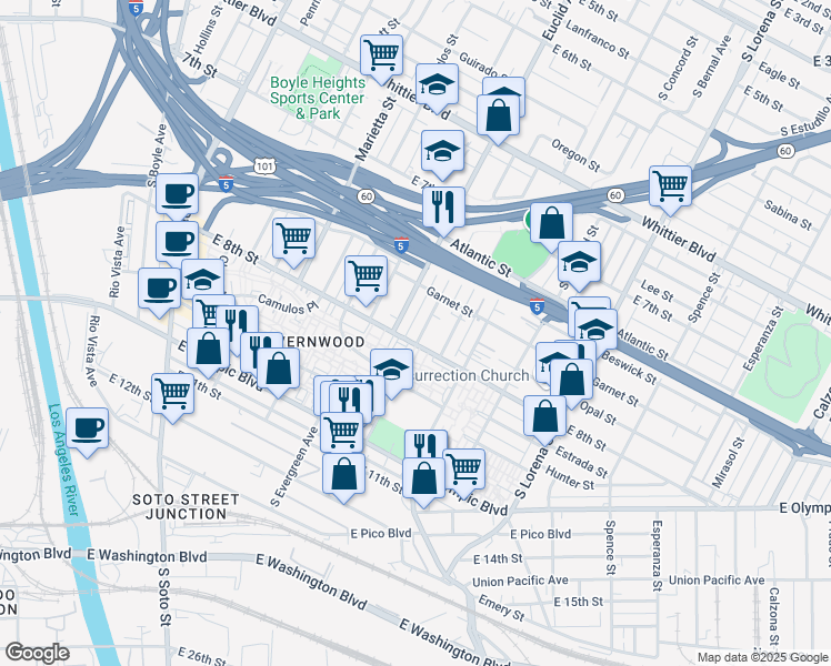 map of restaurants, bars, coffee shops, grocery stores, and more near 1151 South Dacotah Street in Los Angeles