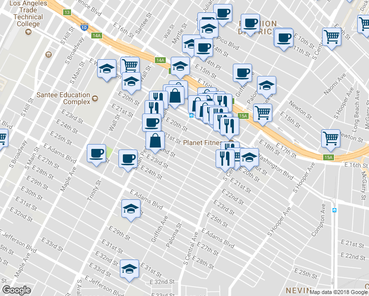 map of restaurants, bars, coffee shops, grocery stores, and more near 946 East 21st Street in Los Angeles