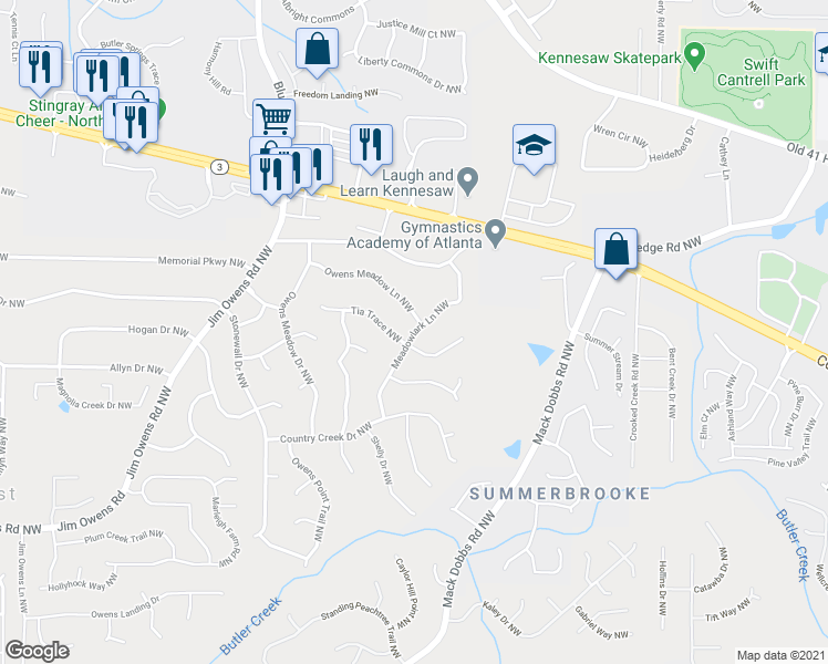 map of restaurants, bars, coffee shops, grocery stores, and more near 3220 Meadowlark Lane Northwest in Kennesaw