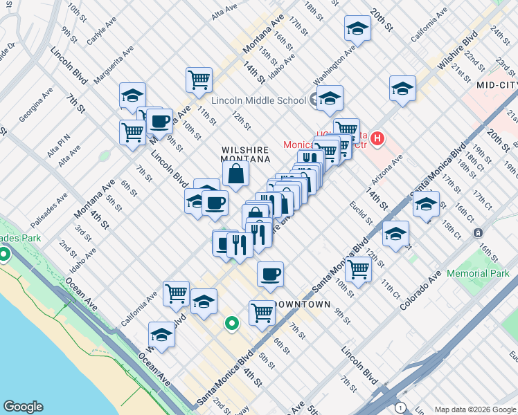 map of restaurants, bars, coffee shops, grocery stores, and more near in Santa Monica