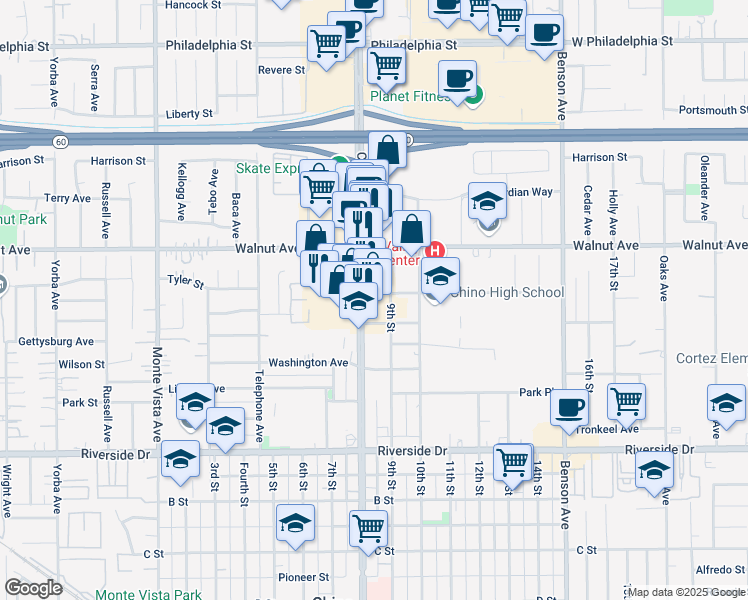 map of restaurants, bars, coffee shops, grocery stores, and more near 12605 Central Avenue in Chino