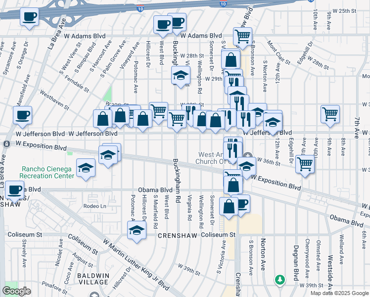 map of restaurants, bars, coffee shops, grocery stores, and more near 3437 Virginia Road in Los Angeles