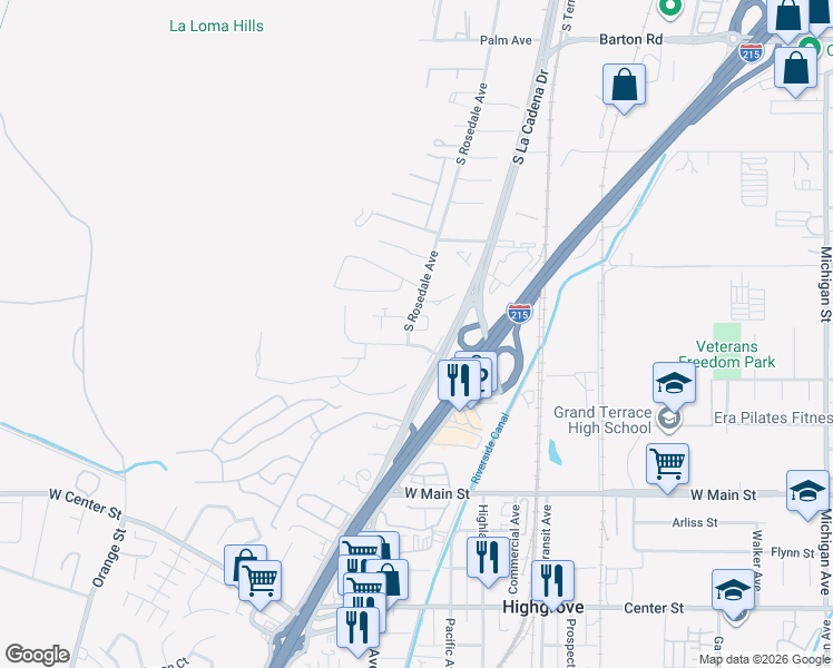map of restaurants, bars, coffee shops, grocery stores, and more near 2648 South Rosedale Avenue in Colton