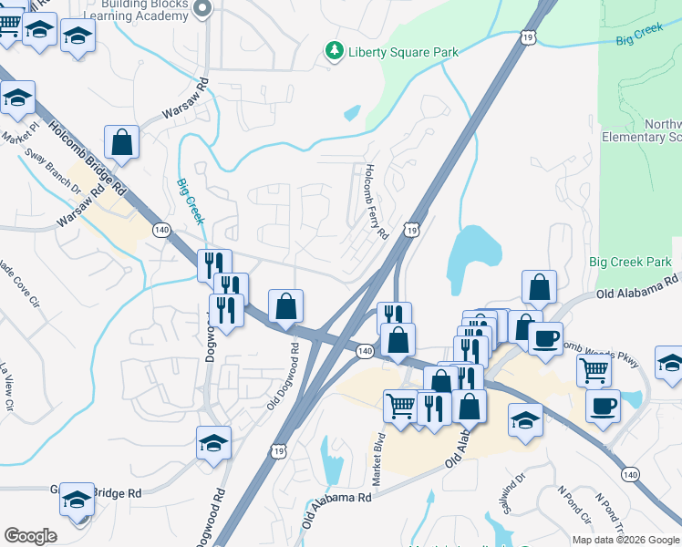 map of restaurants, bars, coffee shops, grocery stores, and more near 136 Old Ferry Way in Roswell