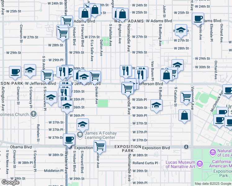 map of restaurants, bars, coffee shops, grocery stores, and more near 1460 West 35th Street in Los Angeles