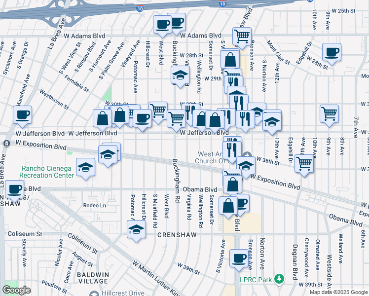 map of restaurants, bars, coffee shops, grocery stores, and more near 3437 Virginia Road in Los Angeles