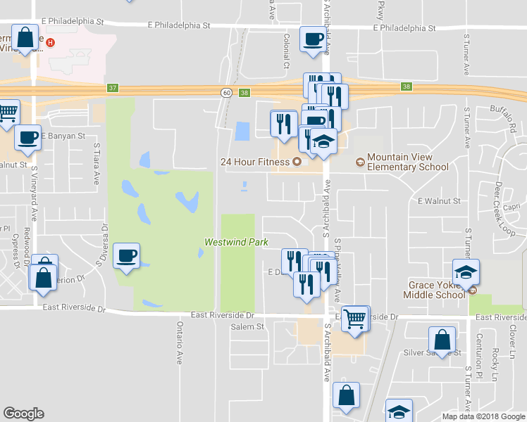 map of restaurants, bars, coffee shops, grocery stores, and more near 2509 East Canterbury Trail in Ontario