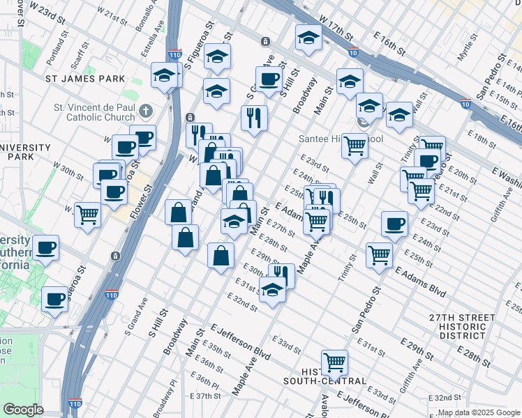 map of restaurants, bars, coffee shops, grocery stores, and more near 2617 South Main Street in Los Angeles