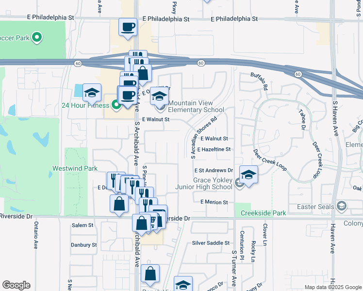 map of restaurants, bars, coffee shops, grocery stores, and more near 2657 South Desert Forest Avenue in Ontario