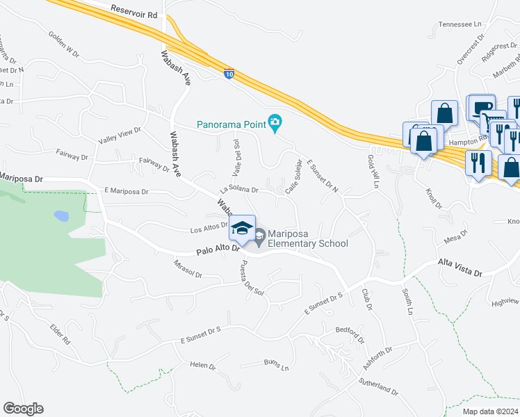 map of restaurants, bars, coffee shops, grocery stores, and more near 1716 Allison Way in Redlands