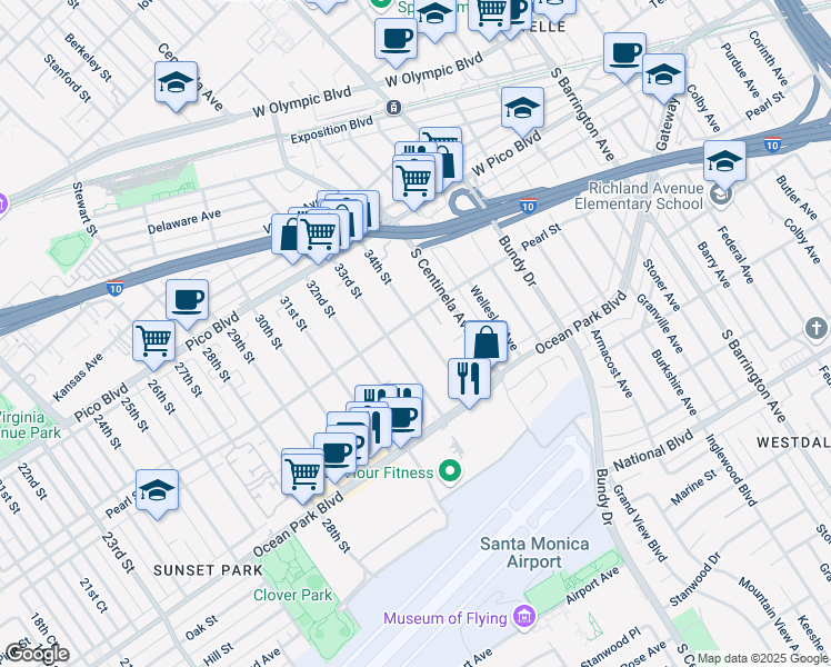 map of restaurants, bars, coffee shops, grocery stores, and more near 2526 34th Street in Santa Monica