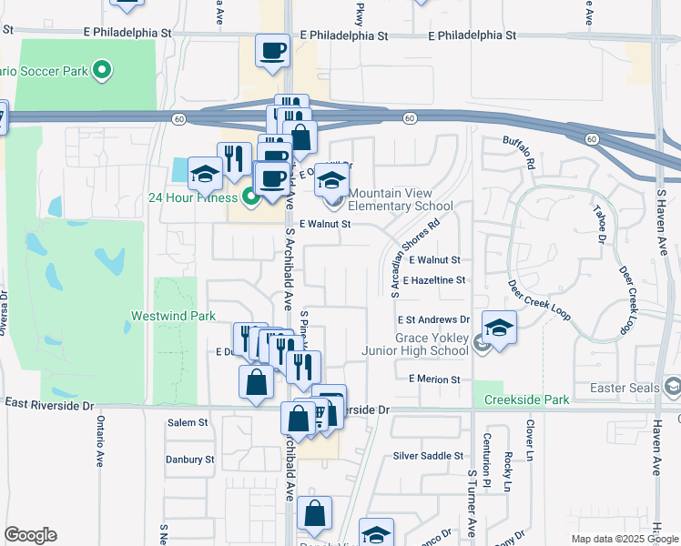 map of restaurants, bars, coffee shops, grocery stores, and more near 2656 South Cedar Ridge Place in Ontario