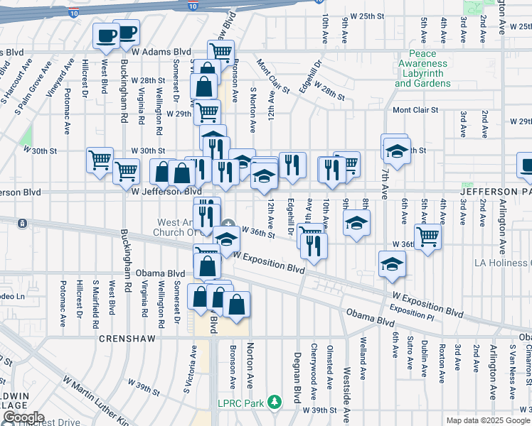 map of restaurants, bars, coffee shops, grocery stores, and more near 3505 12th Avenue in Los Angeles
