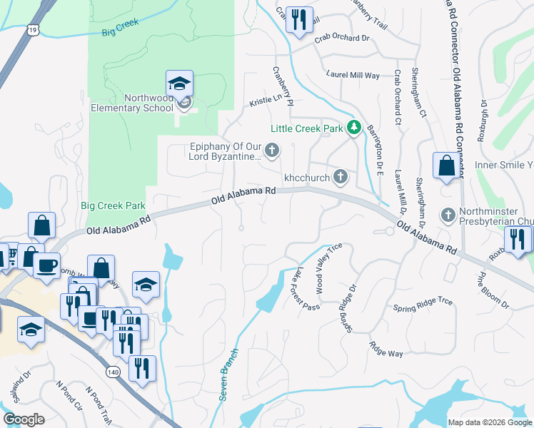 map of restaurants, bars, coffee shops, grocery stores, and more near 119 Weatherburne Dr in Roswell