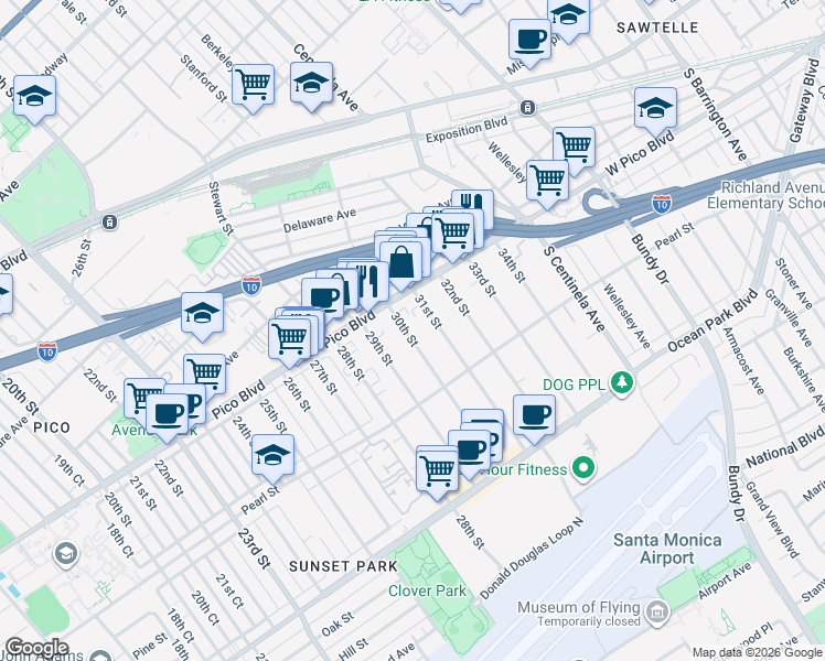 map of restaurants, bars, coffee shops, grocery stores, and more near 2311 30th Street in Santa Monica