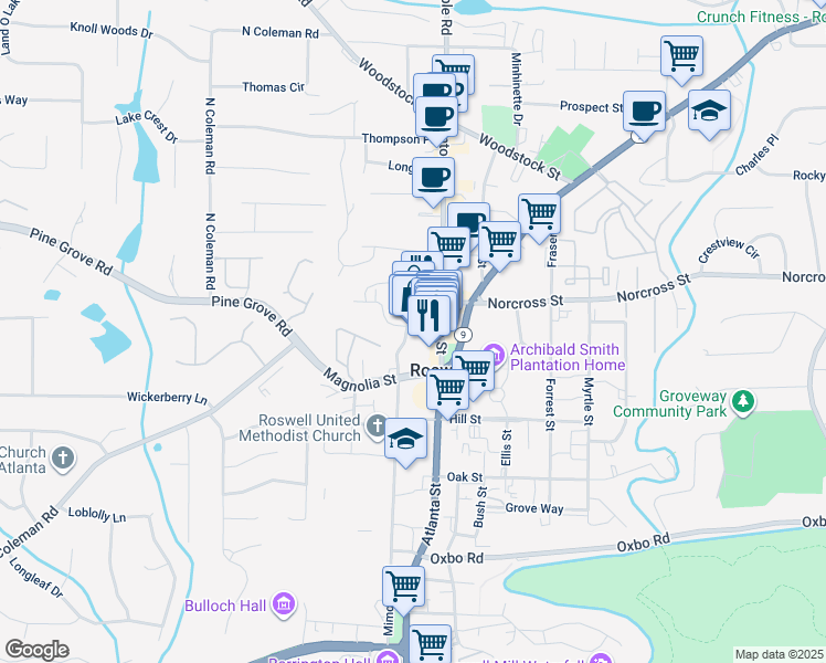 map of restaurants, bars, coffee shops, grocery stores, and more near 42 Webb Street in Roswell