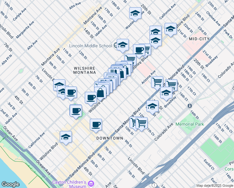 map of restaurants, bars, coffee shops, grocery stores, and more near 1110 Wilshire Boulevard in Santa Monica