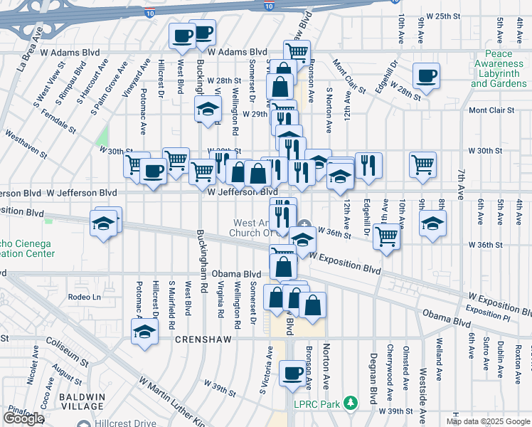 map of restaurants, bars, coffee shops, grocery stores, and more near 3507 South Victoria Avenue in Los Angeles