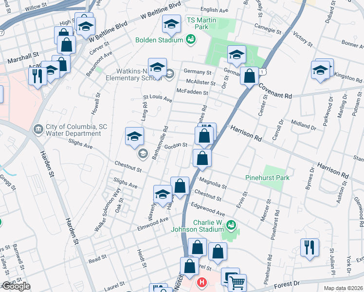 map of restaurants, bars, coffee shops, grocery stores, and more near 2518 Gordon Street in Columbia