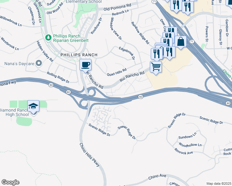 map of restaurants, bars, coffee shops, grocery stores, and more near 77 Willowcrest Lane in Pomona