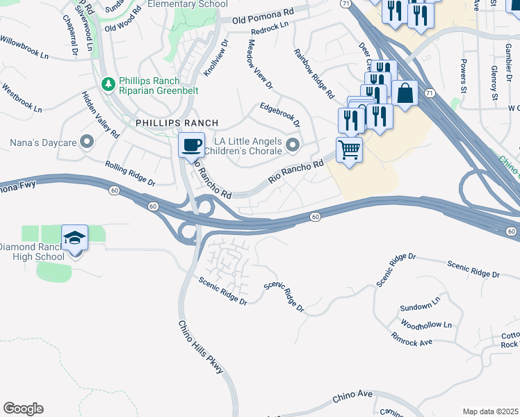 map of restaurants, bars, coffee shops, grocery stores, and more near 76 Willowcrest Lane in Pomona