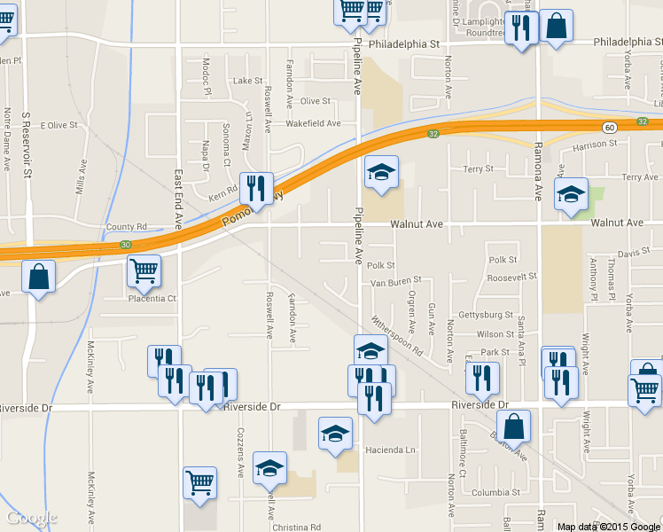 map of restaurants, bars, coffee shops, grocery stores, and more near 4047 Polk Court in Chino