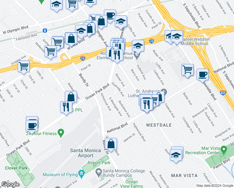 map of restaurants, bars, coffee shops, grocery stores, and more near 2700 Burkshire Avenue in Los Angeles