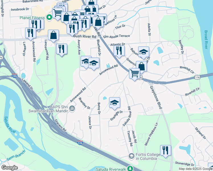 map of restaurants, bars, coffee shops, grocery stores, and more near 1017 Betsy Drive in Columbia