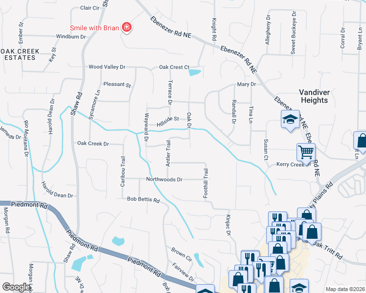 map of restaurants, bars, coffee shops, grocery stores, and more near 3023 Oak Drive in Marietta