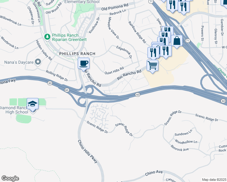 map of restaurants, bars, coffee shops, grocery stores, and more near 61 Brownfield Lane in Pomona