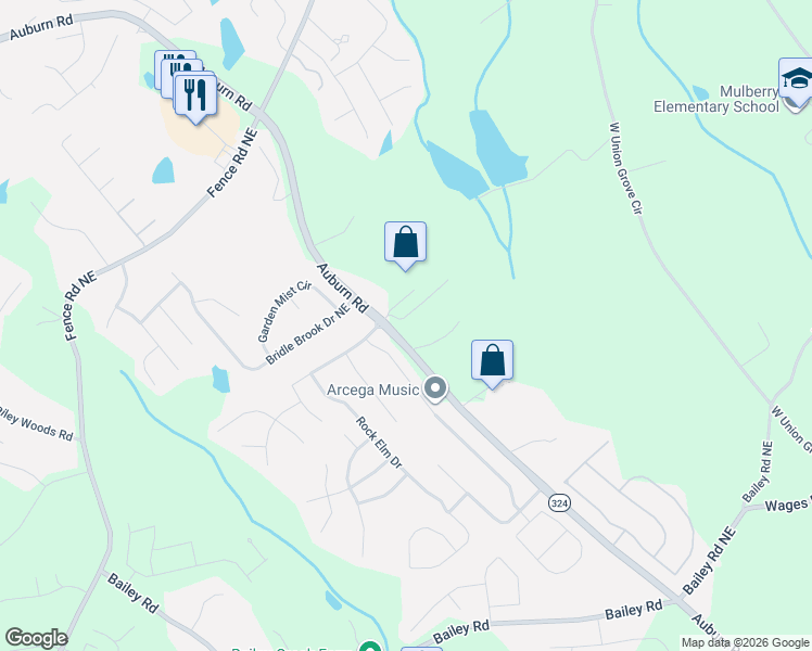 map of restaurants, bars, coffee shops, grocery stores, and more near 3739 Tupelo Trail Northeast in Auburn