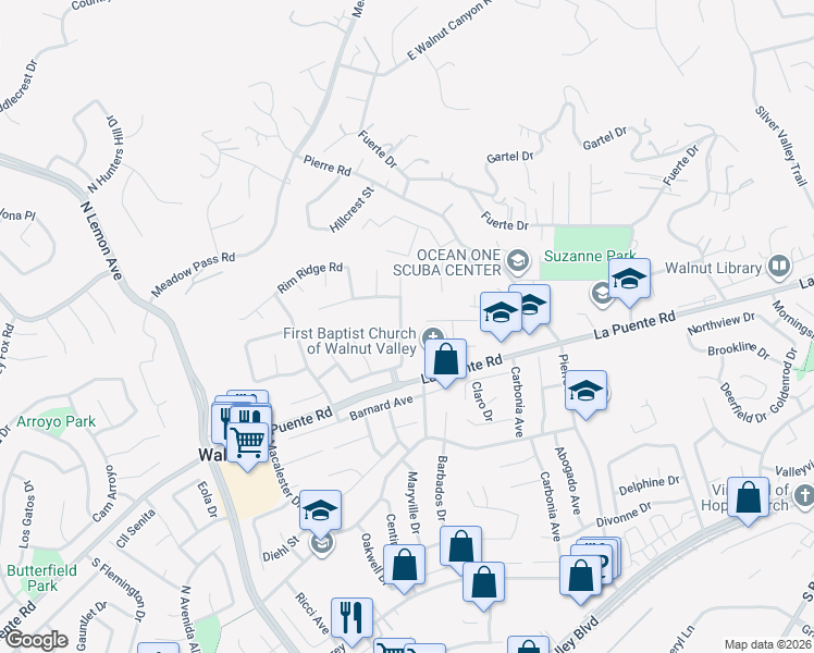 map of restaurants, bars, coffee shops, grocery stores, and more near 646 Lone Eagle Road in Walnut
