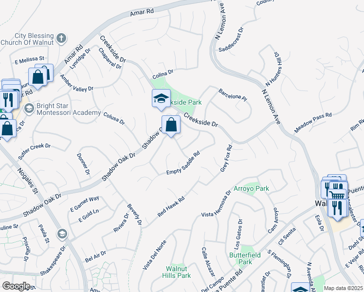 map of restaurants, bars, coffee shops, grocery stores, and more near 19503 Spinning Wheel Road in Walnut
