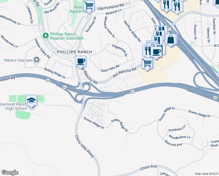 map of restaurants, bars, coffee shops, grocery stores, and more near 64 Willowcrest Lane in Pomona