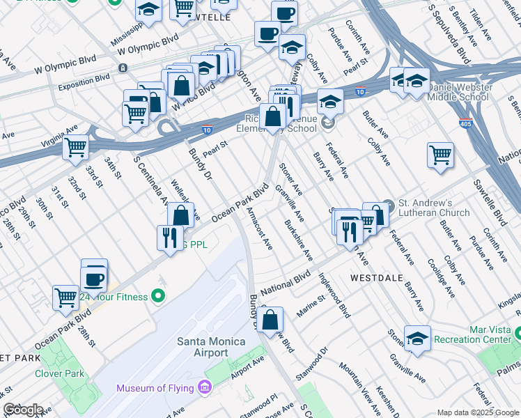 map of restaurants, bars, coffee shops, grocery stores, and more near 2625 South Westgate Avenue in Los Angeles