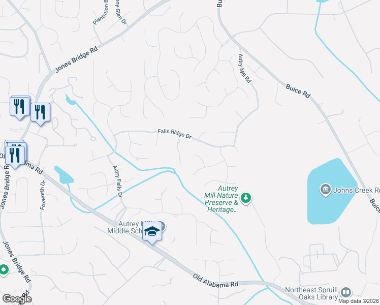 map of restaurants, bars, coffee shops, grocery stores, and more near 830 Falls Point Circle in Alpharetta