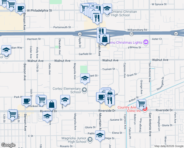 map of restaurants, bars, coffee shops, grocery stores, and more near 6236 Grant Street in Chino
