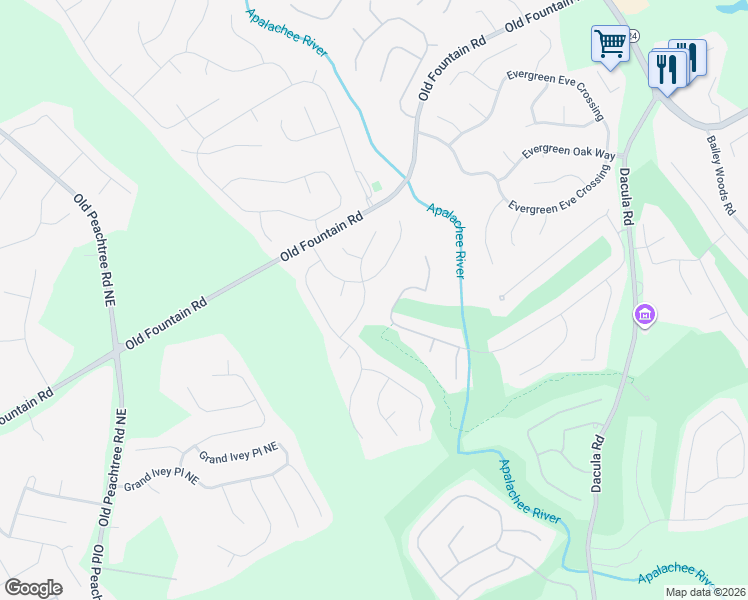map of restaurants, bars, coffee shops, grocery stores, and more near 2464 Apalachee Run Way in Dacula