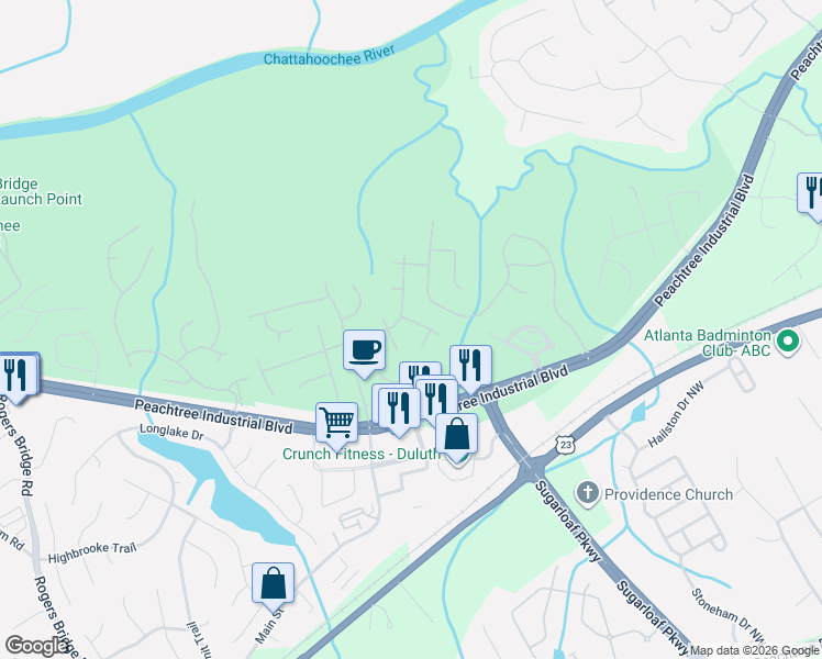 map of restaurants, bars, coffee shops, grocery stores, and more near 3911 Tugaloo River Drive Northwest in Duluth