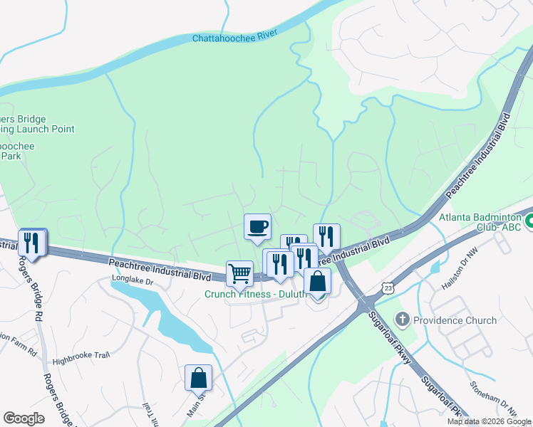 map of restaurants, bars, coffee shops, grocery stores, and more near 2187 Tallapoosa Drive in Duluth