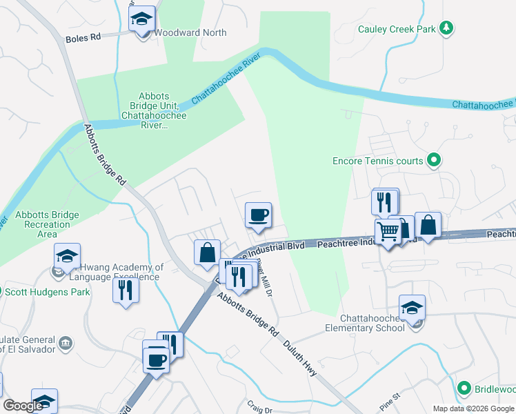 map of restaurants, bars, coffee shops, grocery stores, and more near 3077 Mill Falls Ct in Duluth