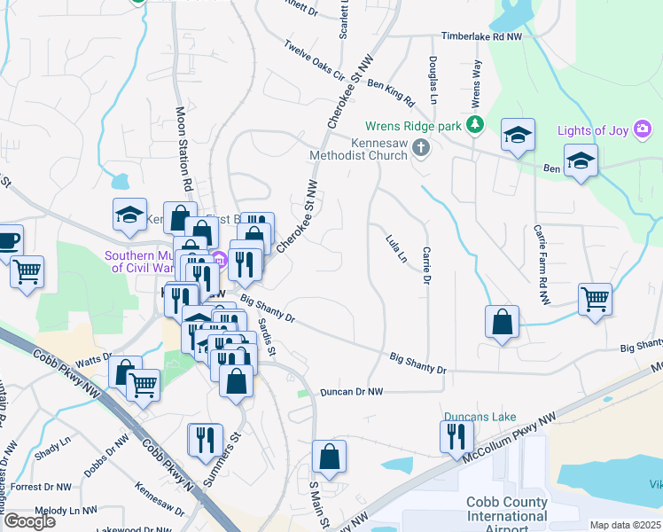 map of restaurants, bars, coffee shops, grocery stores, and more near 2067 Cherokee Ridge Trail Northwest in Kennesaw