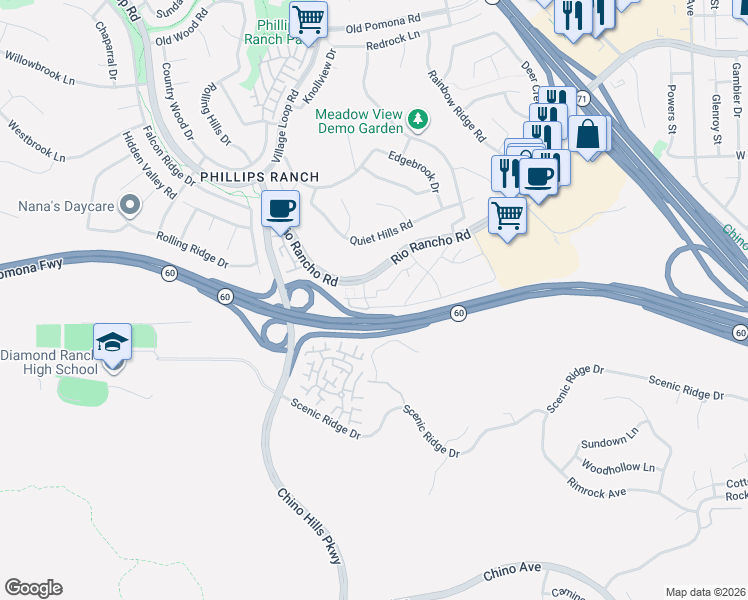 map of restaurants, bars, coffee shops, grocery stores, and more near 37 Blackbird Lane in Pomona