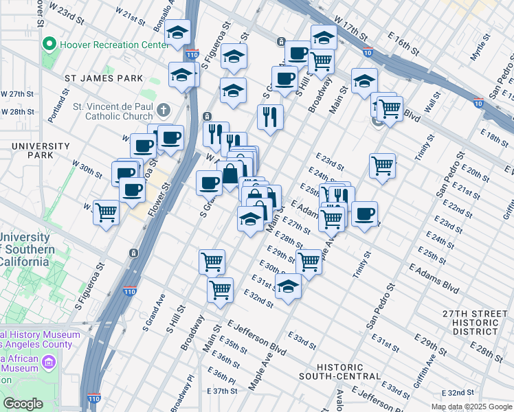 map of restaurants, bars, coffee shops, grocery stores, and more near 2671 South Broadway in Los Angeles