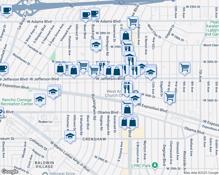 map of restaurants, bars, coffee shops, grocery stores, and more near 3506 Wellington Road in Los Angeles