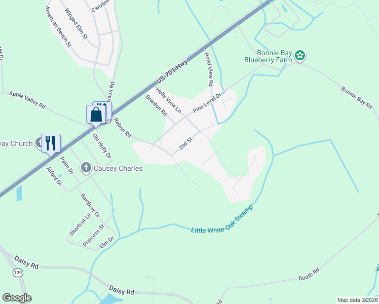 map of restaurants, bars, coffee shops, grocery stores, and more near 1755 2nd Street in Loris