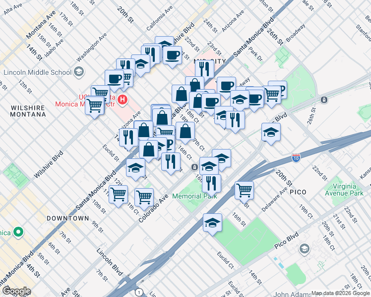 map of restaurants, bars, coffee shops, grocery stores, and more near 1516 17th Street in Santa Monica