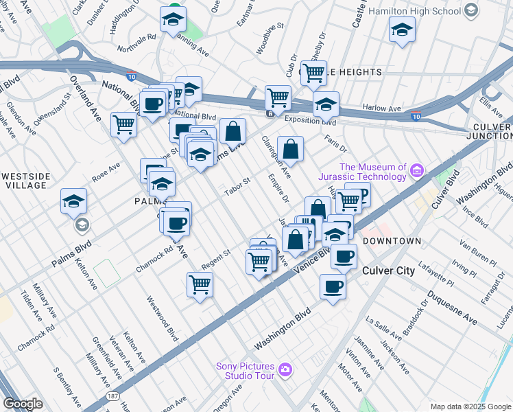 map of restaurants, bars, coffee shops, grocery stores, and more near 3645 Vinton Avenue in Los Angeles