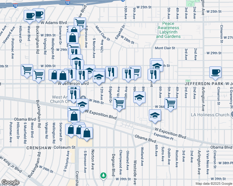 map of restaurants, bars, coffee shops, grocery stores, and more near 3435 11th Avenue in Los Angeles